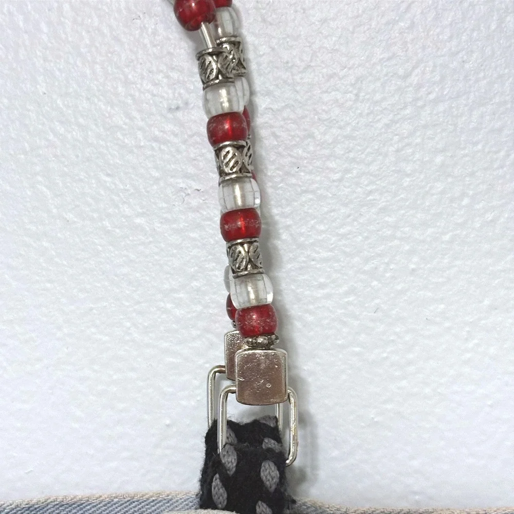 Handmade Upcycled Denim Jean Bag Red Studded Belt‎ Beaded Handles Heart Charm